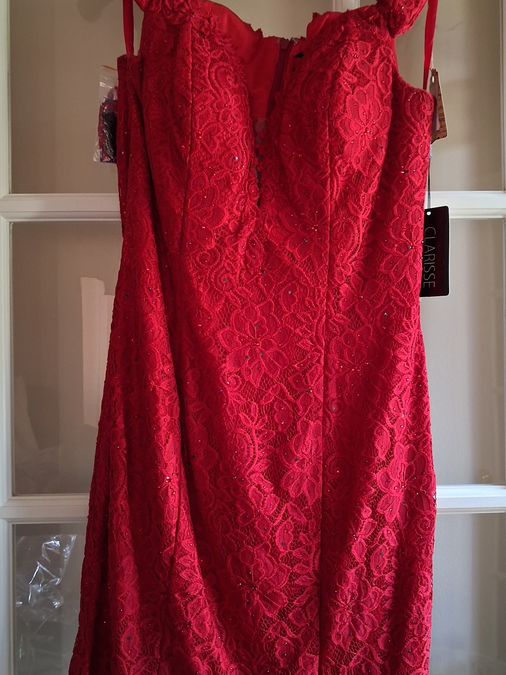 Clarisse Red Lace Beaded Evening Dress